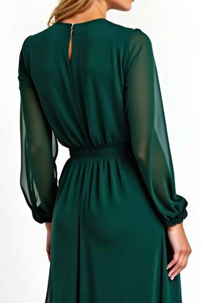 A Line Dark Green Chiffon V Neck Long Sleeves Mother of the Bride Dress