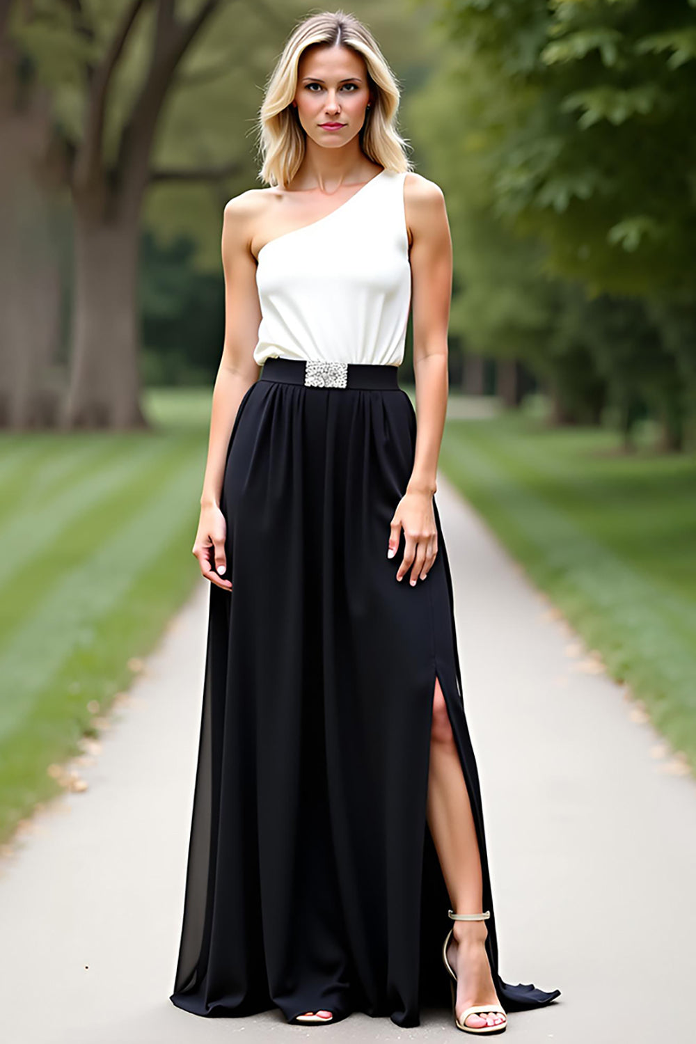 Leely Women White Black A Line Long Mother of the Bride Dress with Slit One Shoulder Chiffon Formal Dress