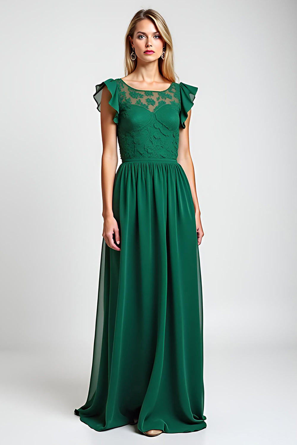 Leely Women Scoop Dark Green Chiffon A Line Long Mother of the Bride Dress Embroidered Ruffle Sleeves Wedding Guest Dress