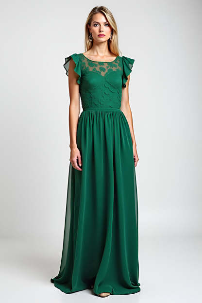 Leely Women Scoop Dark Green Chiffon A Line Long Mother of the Bride Dress Embroidered Ruffle Sleeves Wedding Guest Dress