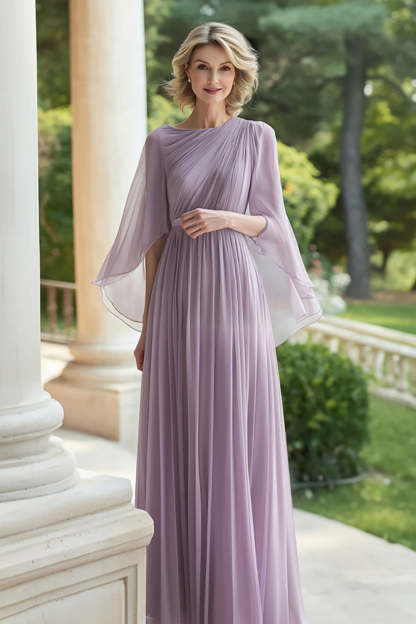 Leely Women Chiffon Lilac Pleated Long Mother of the Bride Dress with Cape Half Sleeves A Line Wedding Guest Dress