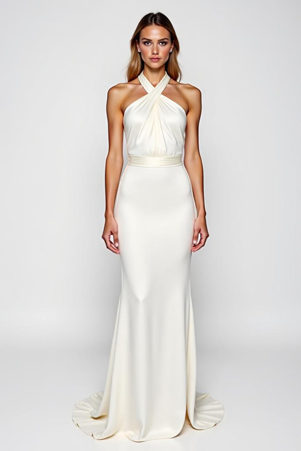 Leely Women White Halter Mermaid Long Formal Dress Crepe Backless Engegement Dress