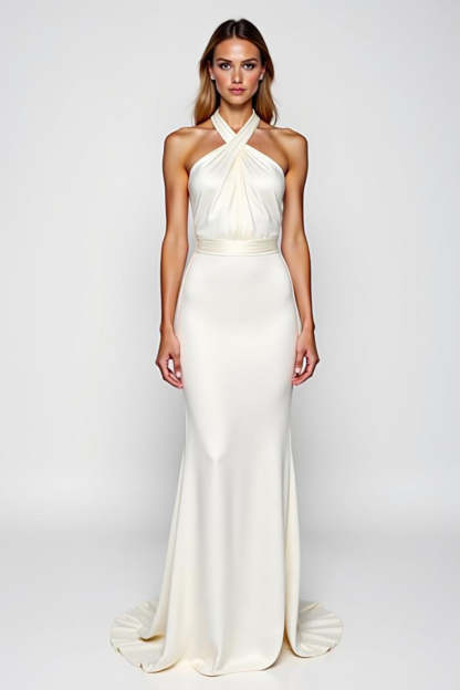 Leely Women White Halter Mermaid Long Formal Dress Crepe Backless Engegement Dress