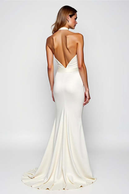Elegant White Halter Mermaid Backless Long Formal Dress