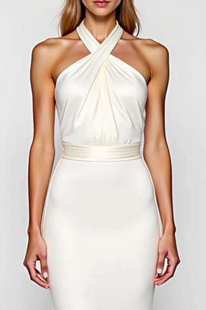 Elegant White Halter Mermaid Backless Long Formal Dress