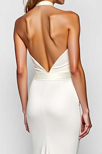 Elegant White Halter Mermaid Backless Long Formal Dress