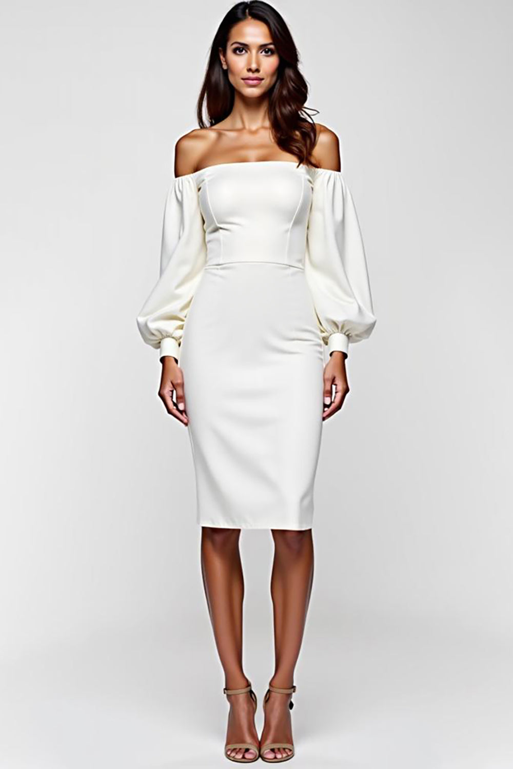 Leely Women White Bodycon Satin Knee Length Graduation Dress Off the Shoulder Long Sleeves Sheath Backless Little White Dress