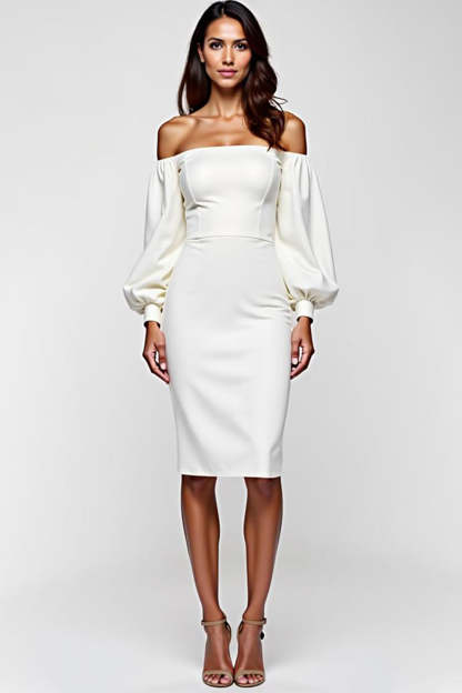 Leely Women White Bodycon Satin Knee Length Graduation Dress Off the Shoulder Long Sleeves Sheath Backless Little White Dress