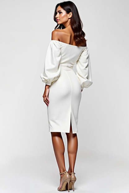 White Bodycon Off the Shoulder Satin Knee Length Graduation Dress