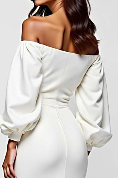 White Bodycon Off the Shoulder Satin Knee Length Graduation Dress