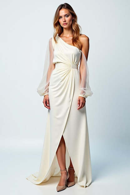 Leely Women Ivory Sheath Crepe Long Graduation Dress Long Sheer Sleeves One Shoulder Engagement Dress