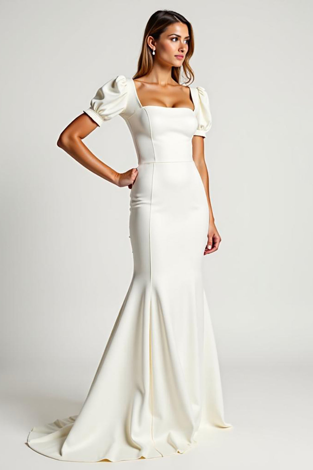 Leely Women Ivory Mermaid Crepe Long Formal Dress Puff Sleeves Square Neck Engagement Dress