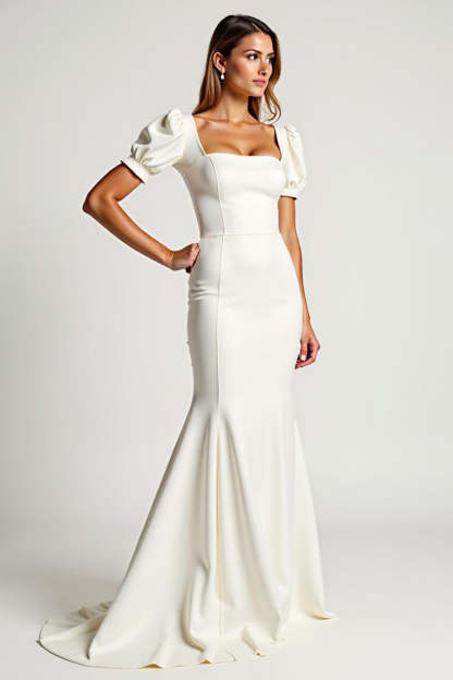Leely Women Ivory Mermaid Crepe Long Formal Dress Puff Sleeves Square Neck Engagement Dress