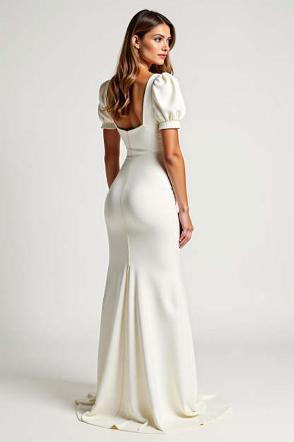 Ivory Square Neck Puff Sleeves Mermaid Long Formal Dress