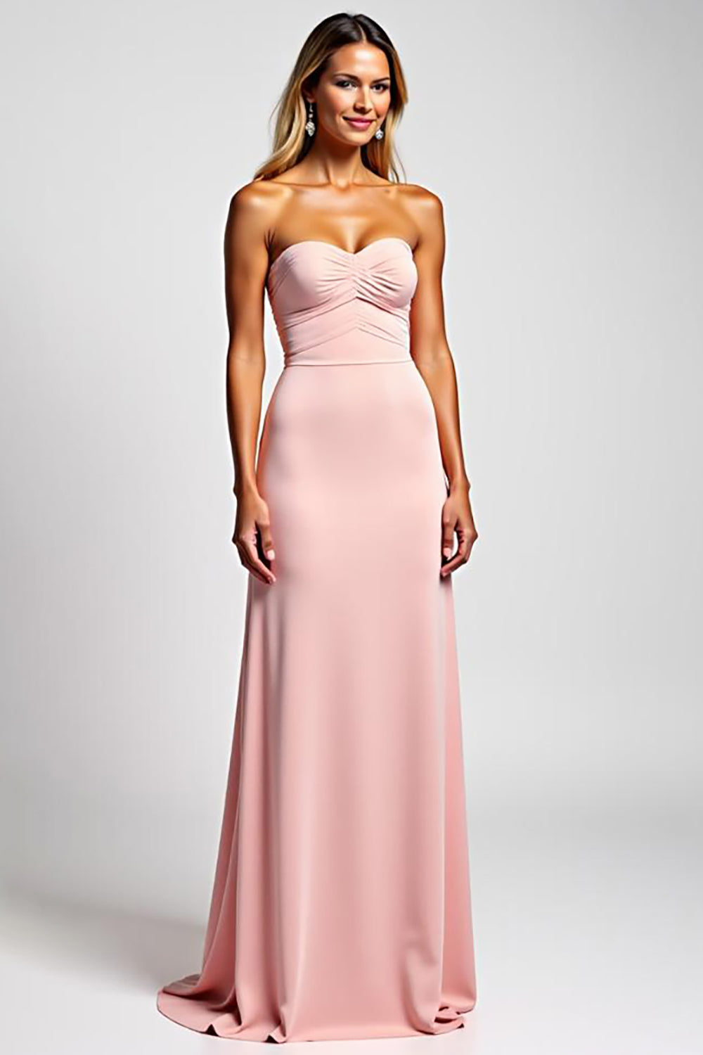Leely Women Elegant Sheath Pink Strapless Long Bridesmaid Dress Sweetheart Backless Formal Dress