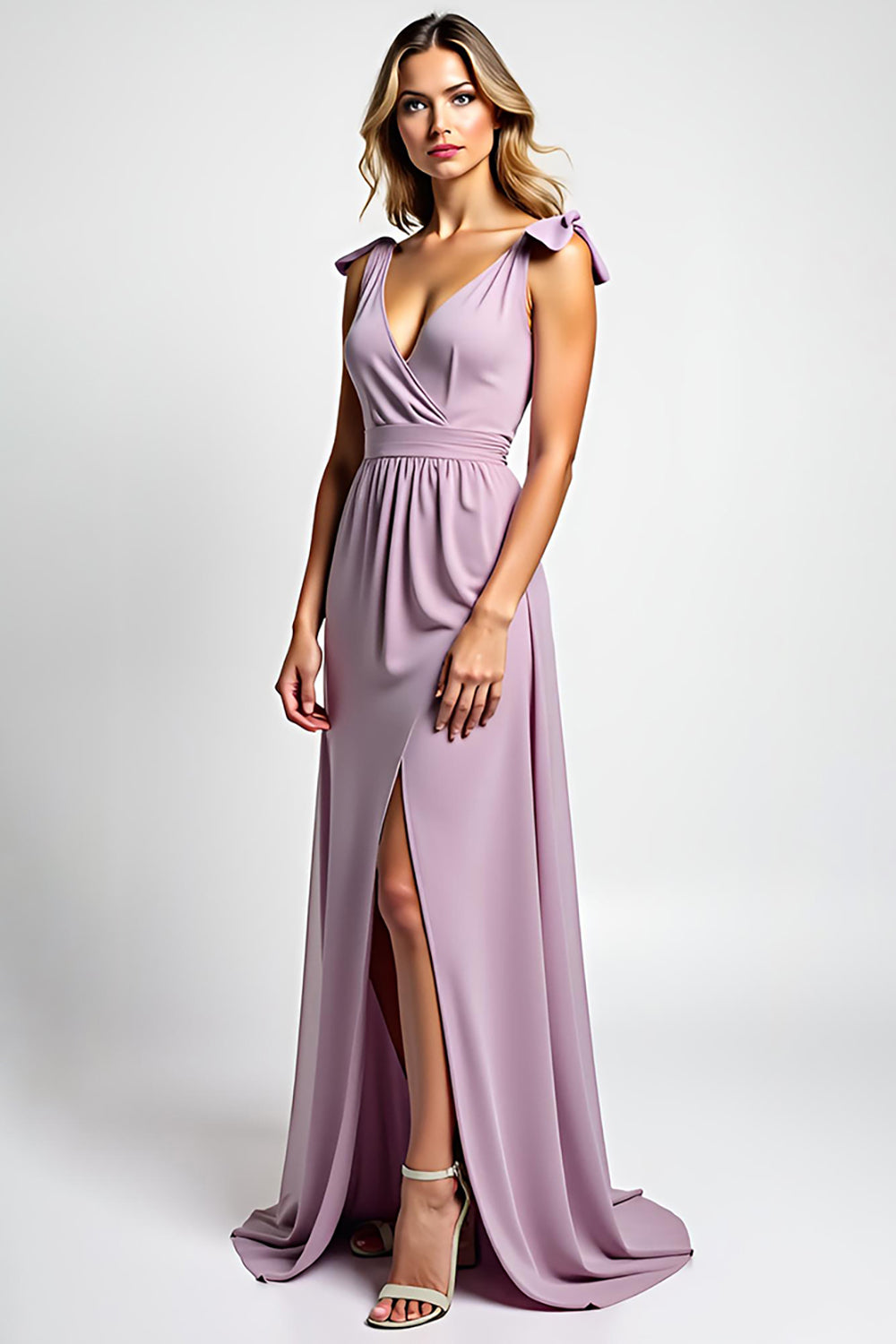 Leely Women A Line Lilac Chiffon Long Bridesmaid Dress with Slit Spaghetti Straps Bowknot V Neck Backless Formal Dress