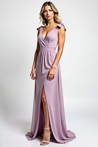 Leely Women A Line Lilac Chiffon Long Bridesmaid Dress with Slit Spaghetti Straps Bowknot V Neck Backless Formal Dress