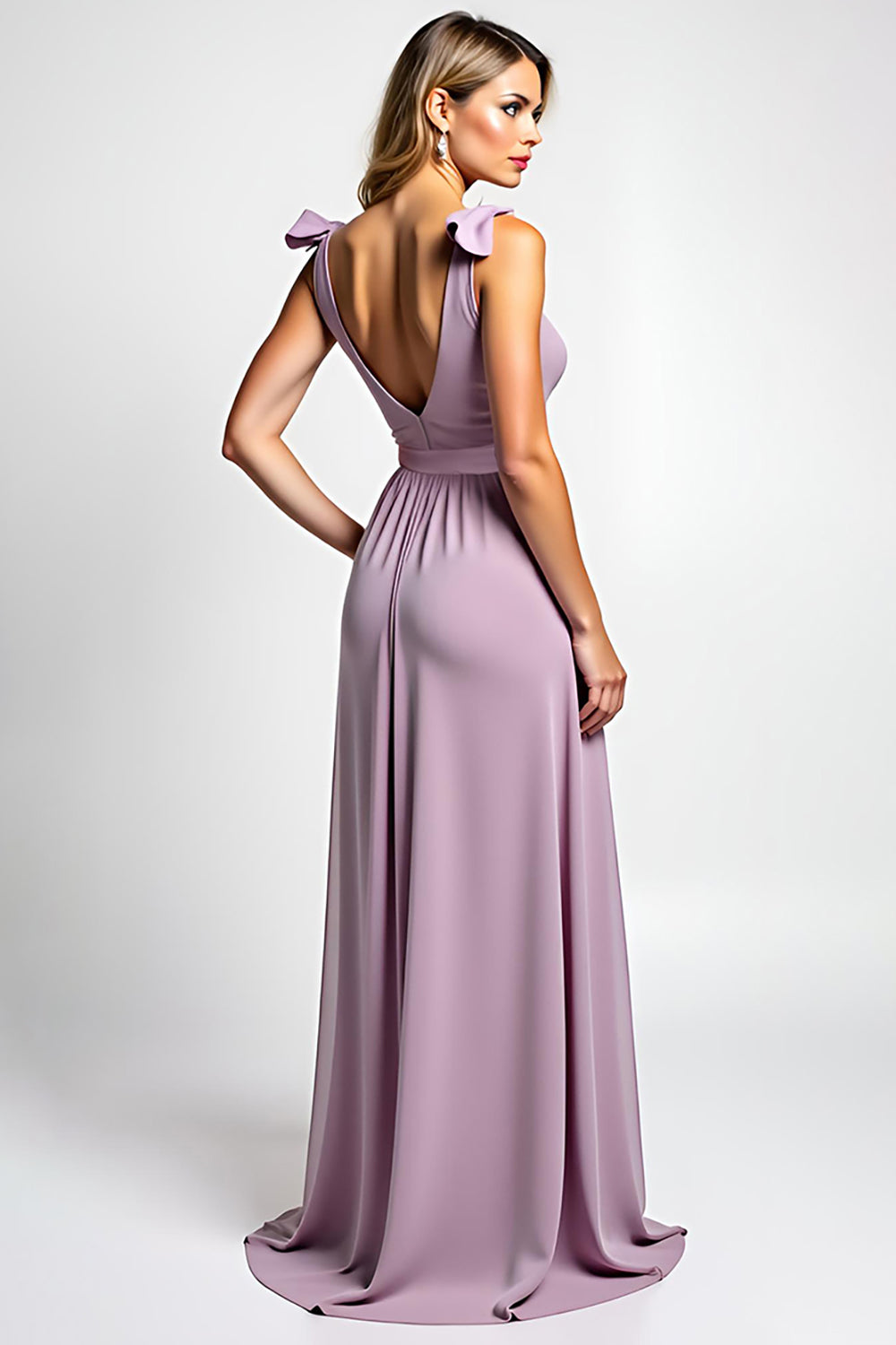 A Line Lilac Chiffon V Neck Bowknot Long Bridesmaid Dress with Slit