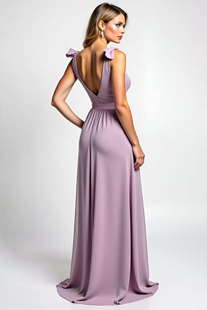 A Line Lilac Chiffon V Neck Bowknot Long Bridesmaid Dress with Slit
