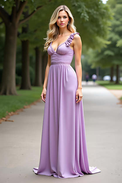 Leely Women A Line Lilac Chiffon Long Bridesmaid Dress with Ruffles V Neck Backless Wedding Guest Dress