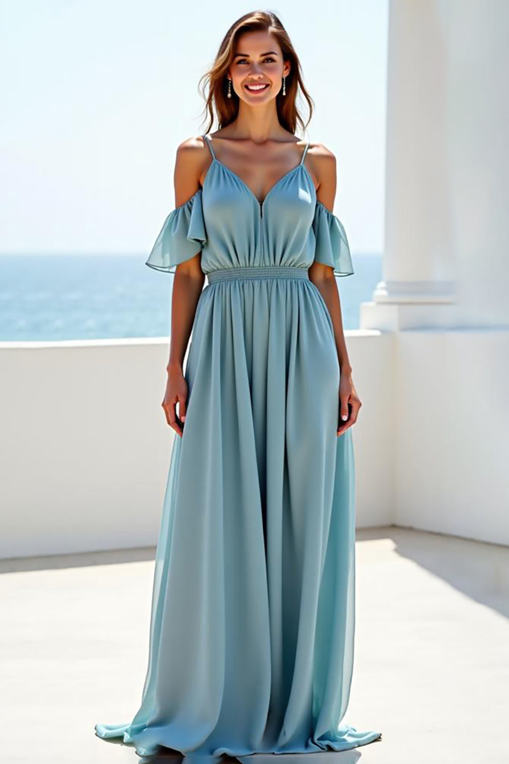 Leely Women Blue A Line Chiffon Long Bridesmaid Dress with Ruffles Spaghetti Straps Cold Shoulder Formal Dress