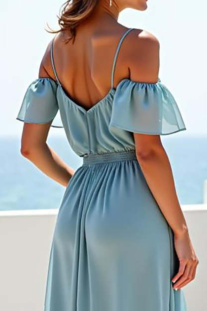 Blue A Line Cold Shoulder Chiffon Long Bridesmaid Dress with Ruffles