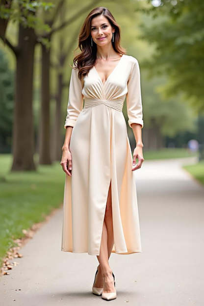 Leely Women A Line Champagne Mother of the Bride Dress with Slit 3/4 Sleeves V-Neck Satin Ankle-Length Wedding Guest Dress