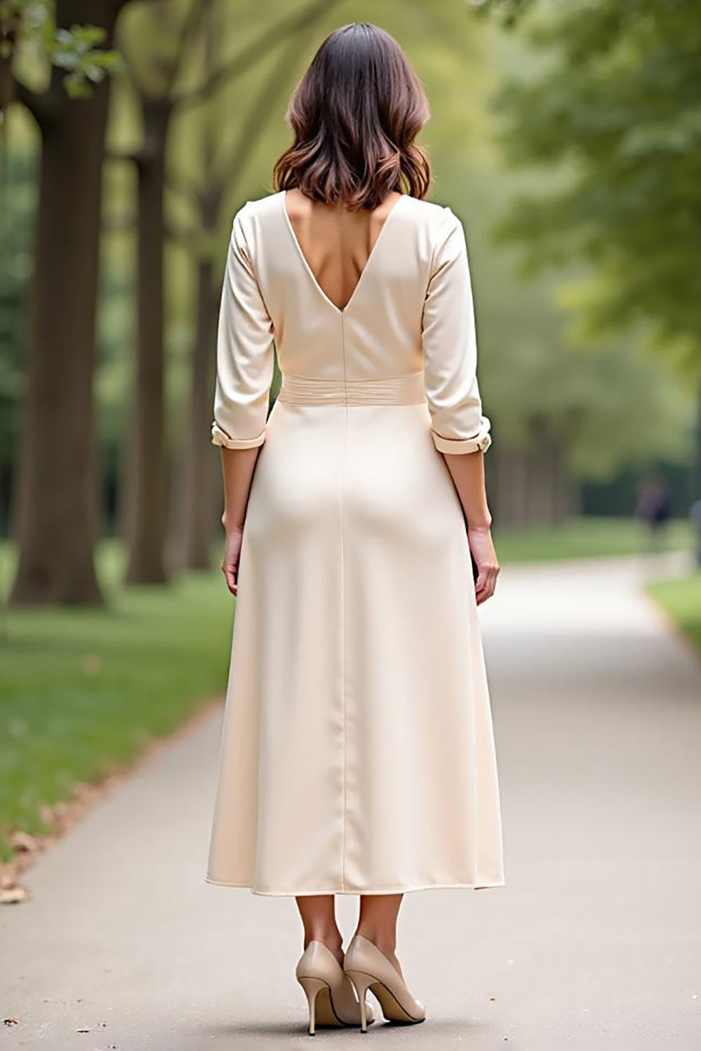 A Line Champagne V-Neck Tea Length Mother of the Bride Dress with Slit