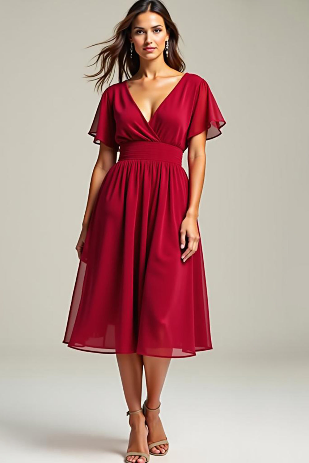 Leely Women A Line Red V-Neck Mother of the Bride Dress Short Sleeves Knee Length Chiffon Wedding Guest Dress