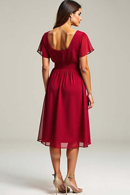 Red V-Neck Short Sleeves Knee Length Chiffon Mother of the Bride Dress
