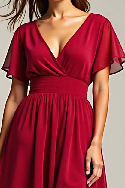 Red V-Neck Short Sleeves Knee Length Chiffon Mother of the Bride Dress