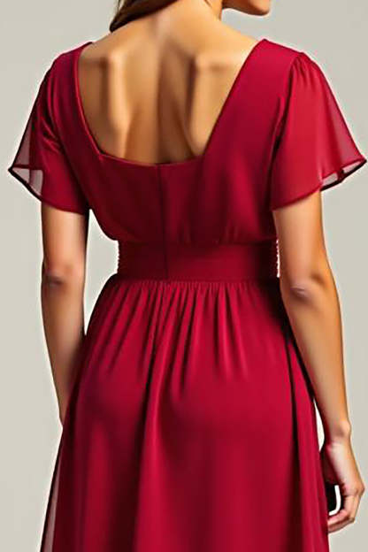 Red V-Neck Short Sleeves Knee Length Chiffon Mother of the Bride Dress