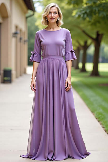 Leely Women A Line Tahiti Long Chiffon Mother of the Bride Dress Short Sleeves Scoop Neckline Wedding Guest Dress