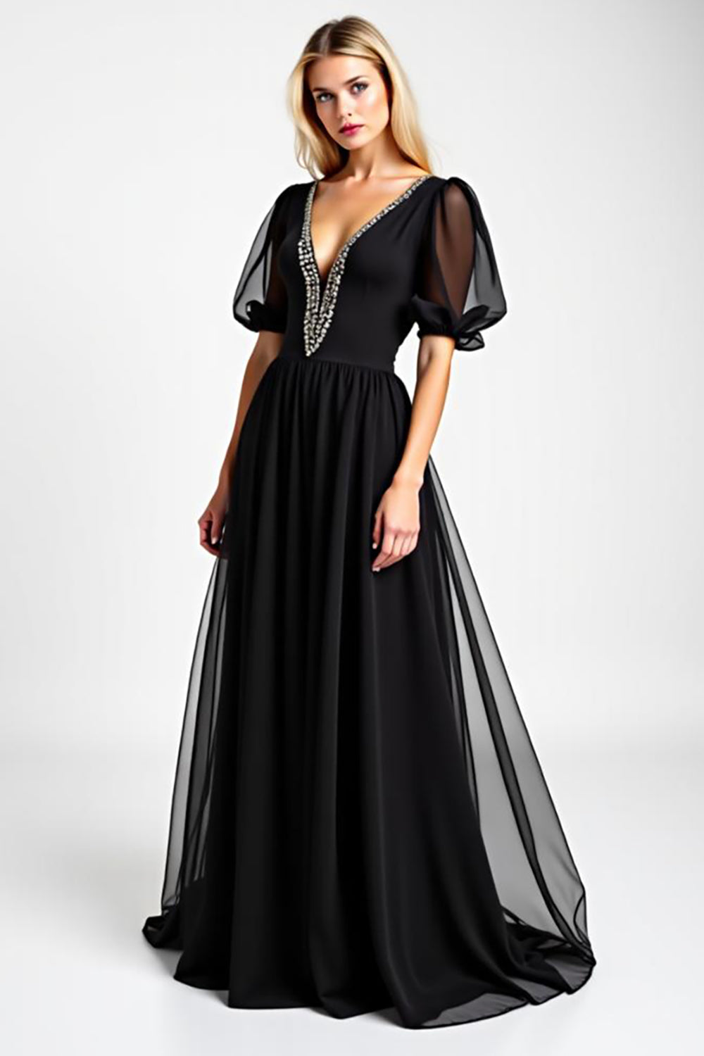 Leely Women A Line Black Chiffon Long Beaded Mother of the Bride Dress Puff Sheer Sleeves Chiffon V-Neck Wedding Guest Dress