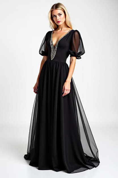 Leely Women A Line Black Chiffon Long Beaded Mother of the Bride Dress Puff Sheer Sleeves Chiffon V-Neck Wedding Guest Dress