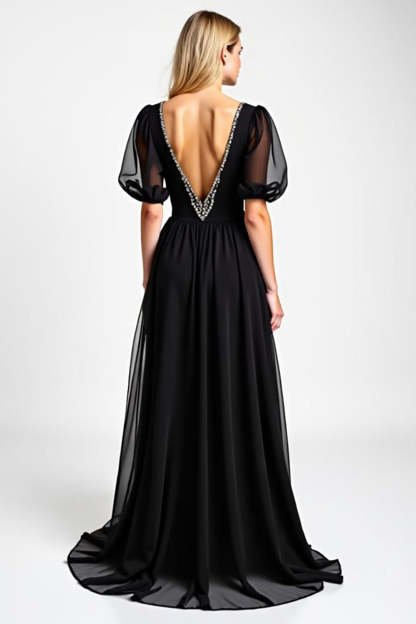 Black Long Chiffon Beaded A Line Mother of the Bride Dress