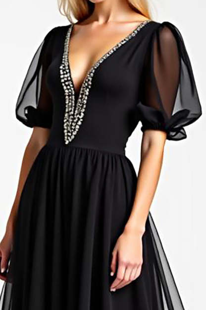 Black Long Chiffon Beaded A Line Mother of the Bride Dress