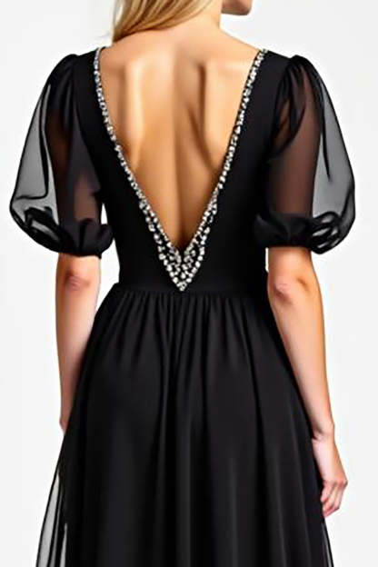 Black Long Chiffon Beaded A Line Mother of the Bride Dress