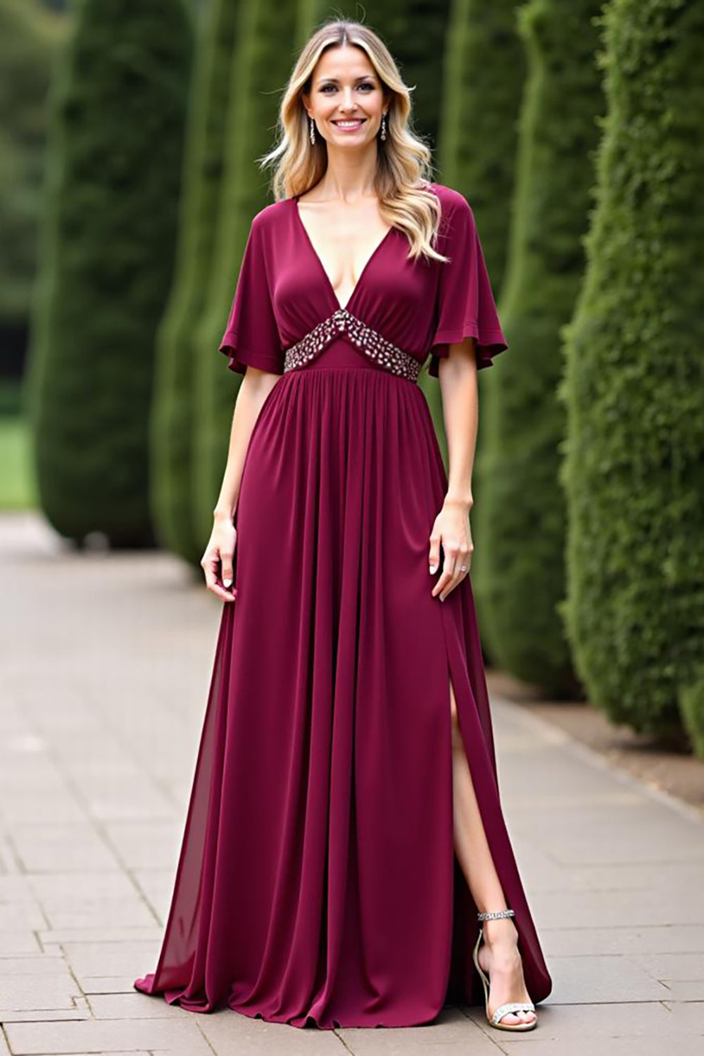 Leely Women Burgundy Chiffon A Line Mother of the Bride Dress with Beading V-Neck Backless Long Wedding Guest Dress with Slit