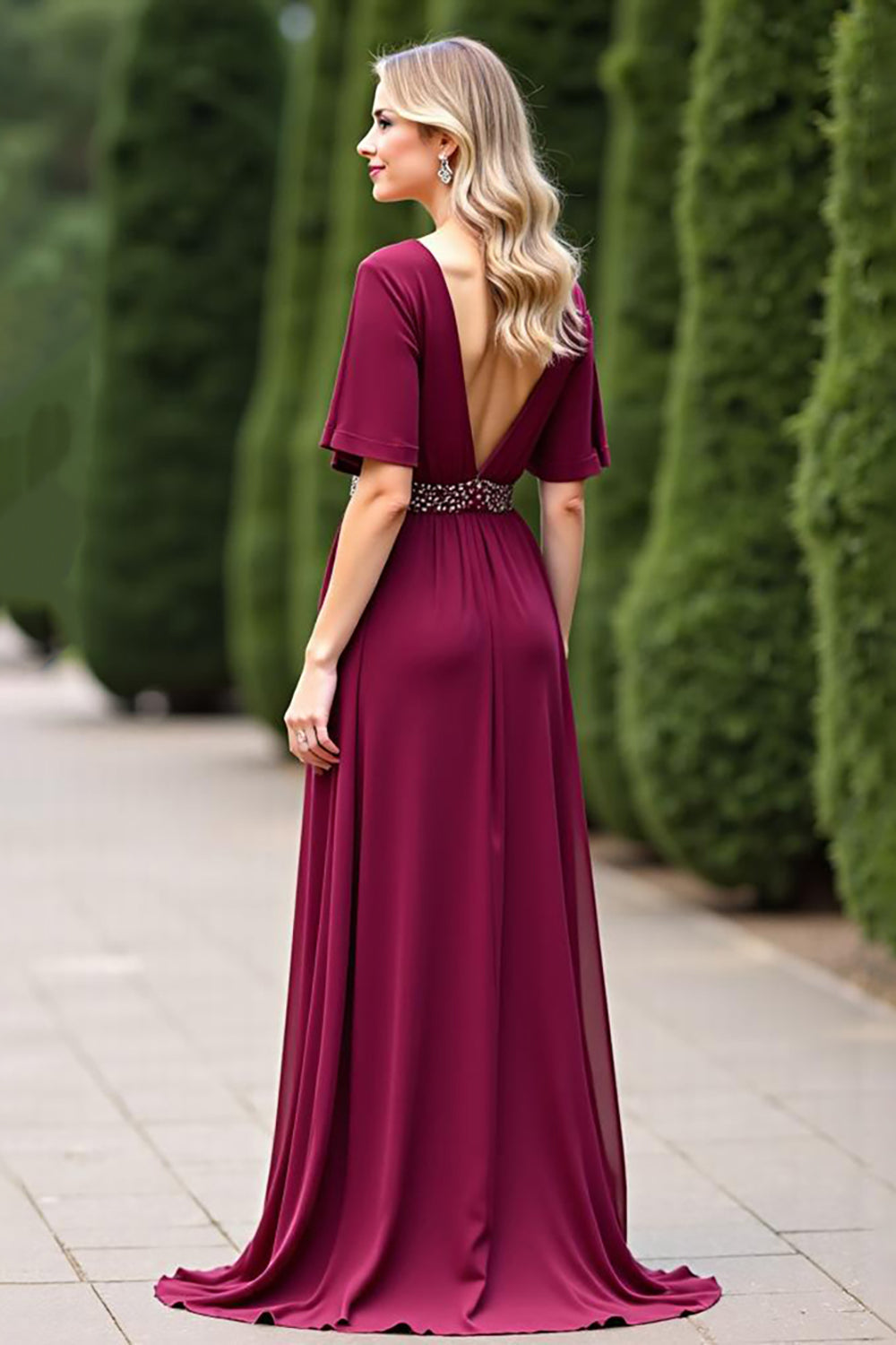 Burgundy Chiffon V-Neck A Line Mother of the Bride Dress with Slit