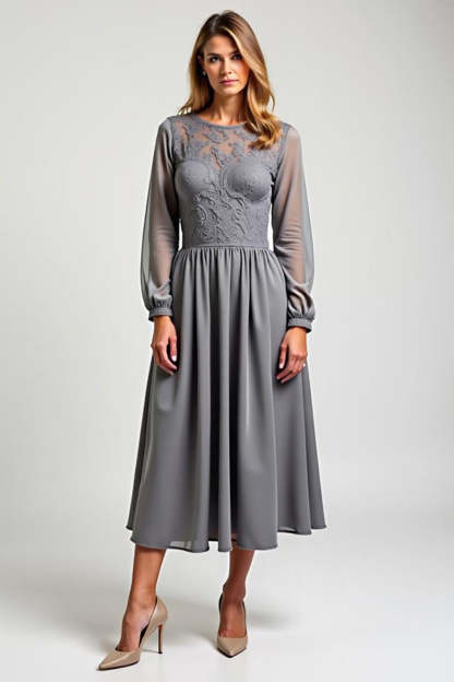 Leely Women A Line Grey Chiffon Mother of the Bride Dress Long Sheer Sleeves Embroideried Scoop Neck Wedding Guest Dress