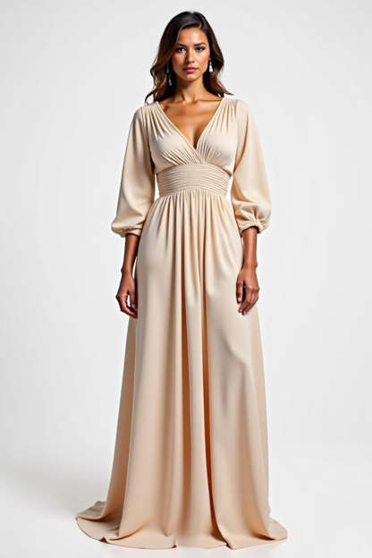 Leely Women A Line Champagne Long Mother of the Bride Dress V-Neck Ruched Satin Lantern Sleeves Wedding Guest Dress