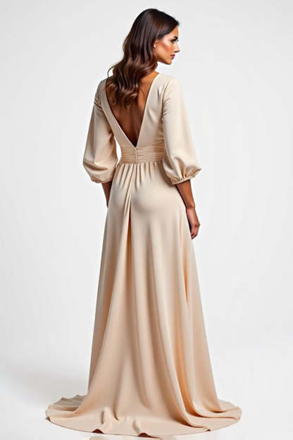 Champagne V-Neck Ruched A Line Long Mother of the Bride Dress