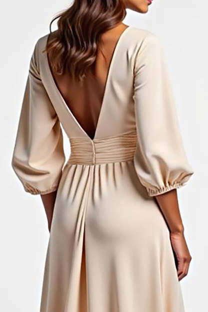 Champagne V-Neck Ruched A Line Long Mother of the Bride Dress