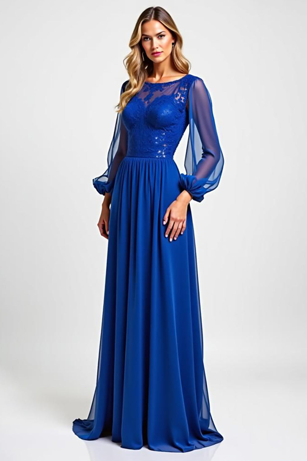 Leely Women Royal Blue A Line Chiffon Mother of the Bride Dress Illusion Neck Long Sheer Sleeves Embroideried Wedding Guest Dress