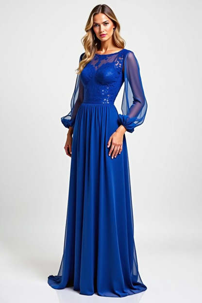 Leely Women Royal Blue A Line Chiffon Mother of the Bride Dress Illusion Neck Long Sheer Sleeves Embroideried Wedding Guest Dress