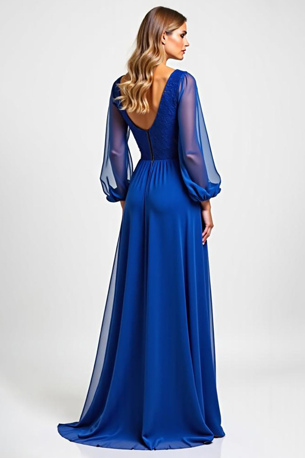 Royal Blue Chiffon Embroderied Illusion Neck Long Mother of the Bride Dress