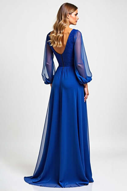 Royal Blue Chiffon Embroderied Illusion Neck Long Mother of the Bride Dress
