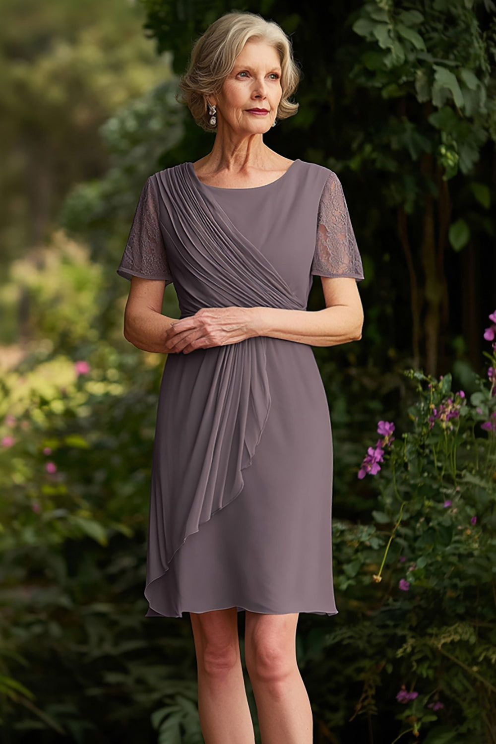 Leely Women Sheath Dusk Knee Length Chiffon Mother of the Bride Dress with Lace Pleated Scoop Neckline Wedding Guest Dress
