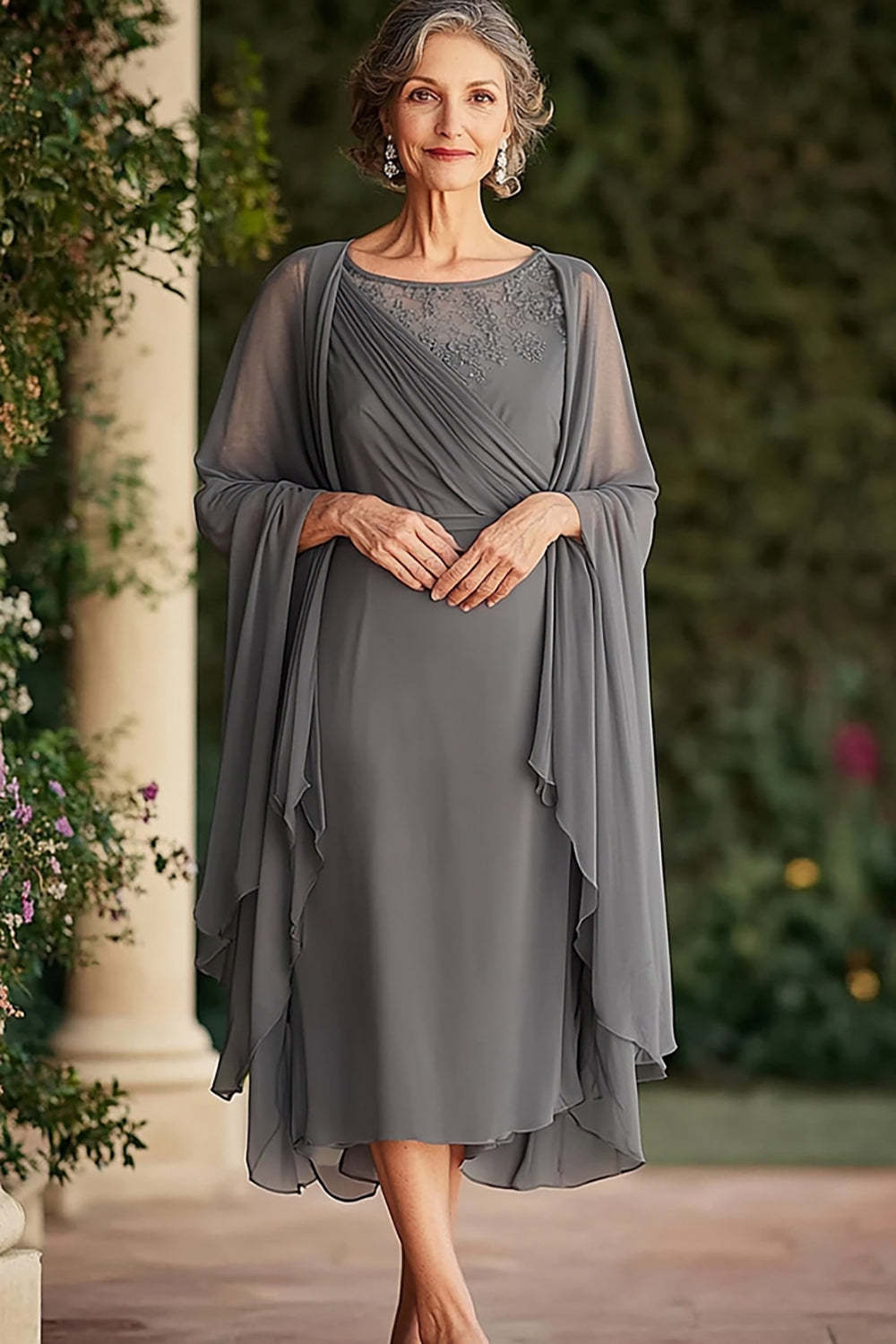 Leely Women Grey Chiffon Mother of the Bride Dress with Shawl Scoop Neckline Tea Length Wedding Guest Dress